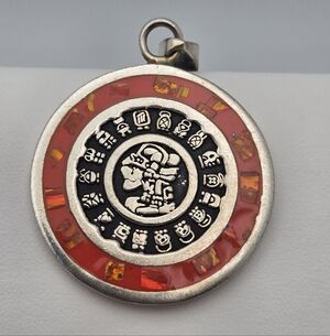 Mexican Silver Aztec Calendar Pendant Two-Face Design Blue & Orange Abalone